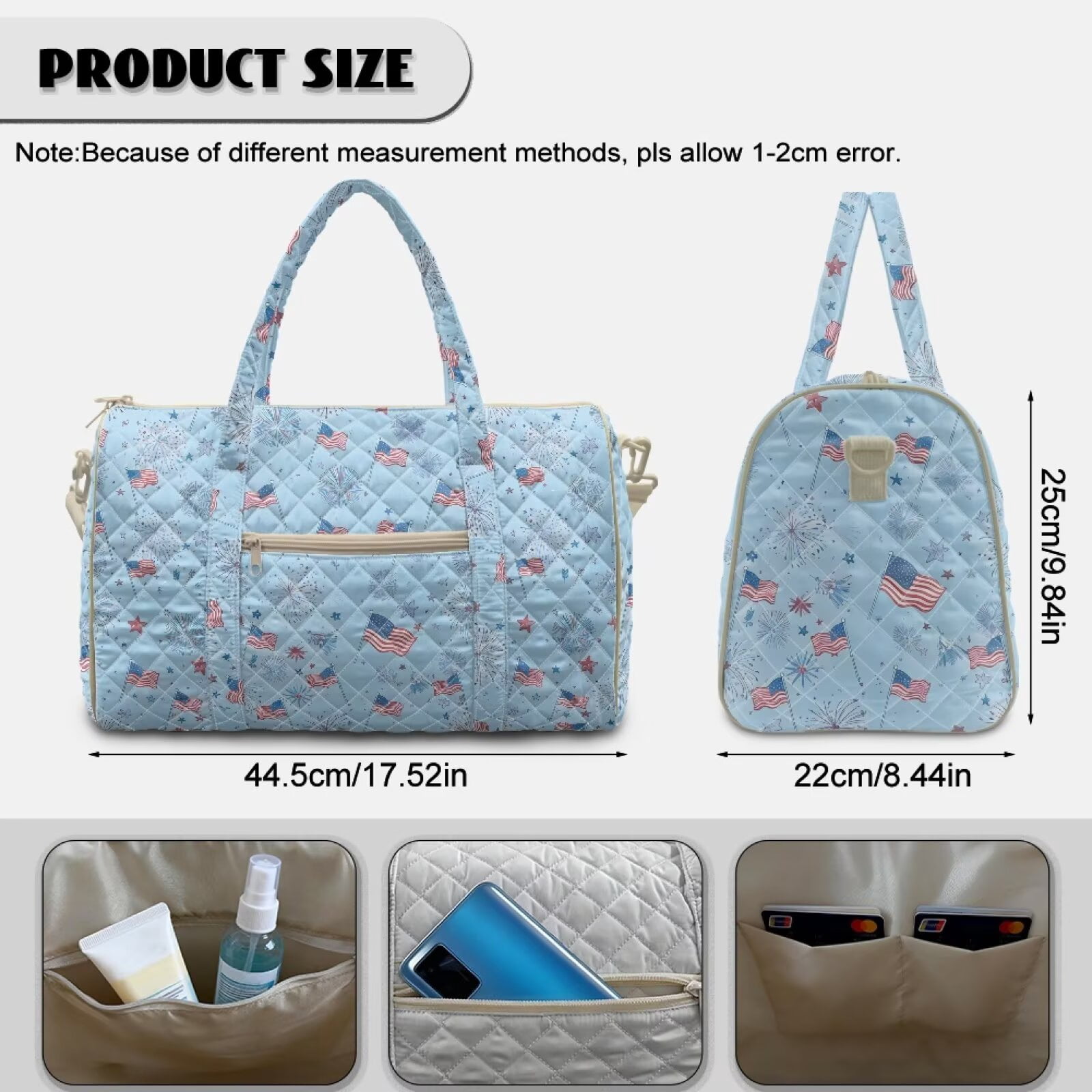 Xixirimido American Flags Firework Blue Print Travel Duffel Bags for Women Men Weekender Overnight Bag Carry On Quilted Fabric, Women Hospital Bags for Labor and Delivery