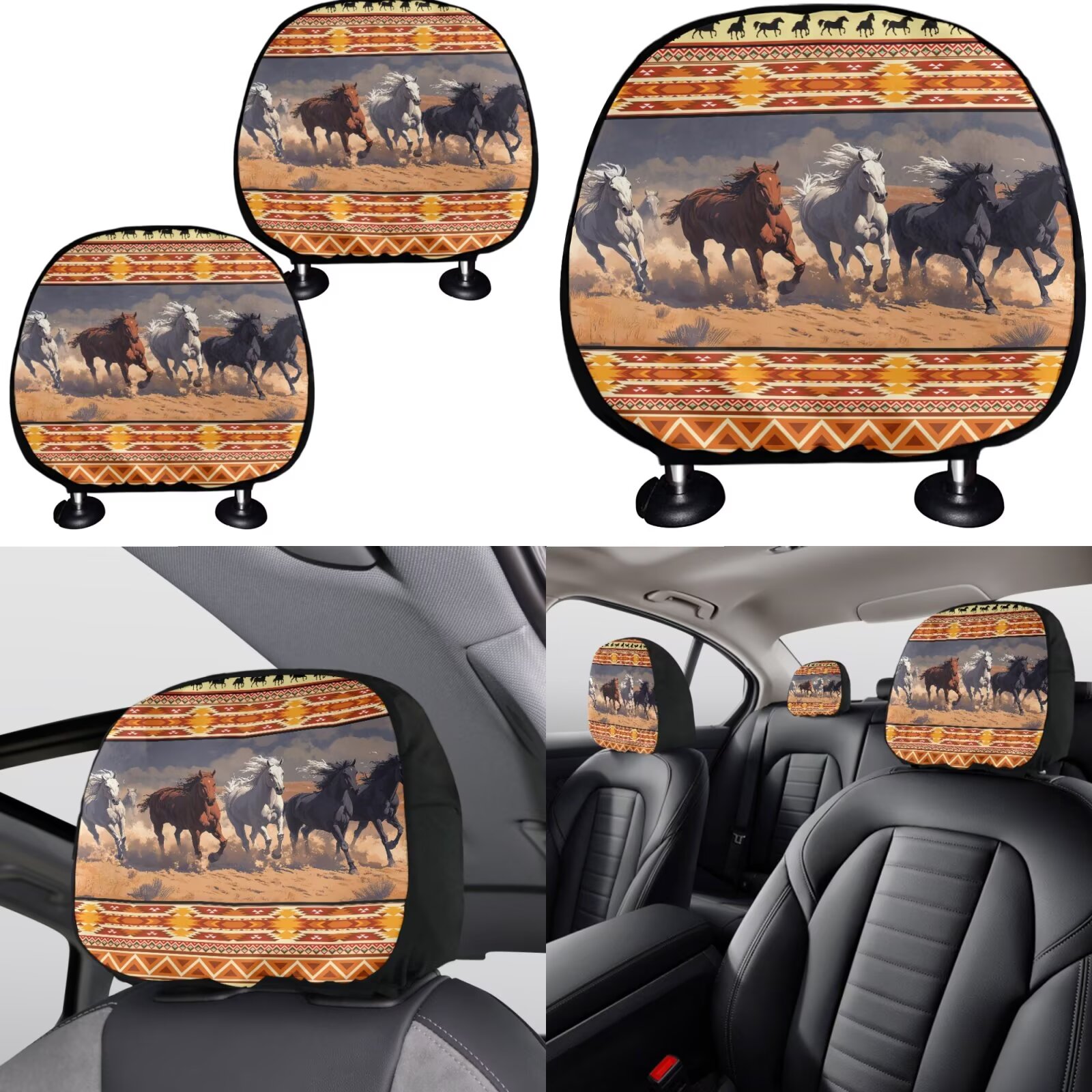 Garronmavis Aztec Three Horse Car Seat Covers Full Set Universal Seat Covers for Cars with Cars Headrest Protectors+Wristlet Keychain+Auto Cup Coaster+Handbrake Gear+Shift Knob Cover