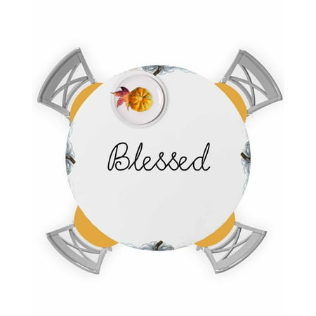 

Round Tablecloth with Elastic BLESSED Fall Thanksgiving Blue and White Pumpkin Waterproof Stain-proof Table Cover Wipeable Fitted Table Cloths for 45 -54 Round Tables Dining Kitchen