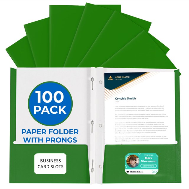 Carpeta de papel EPI, paquete de 100, verde, 2 bolsillos, con broches