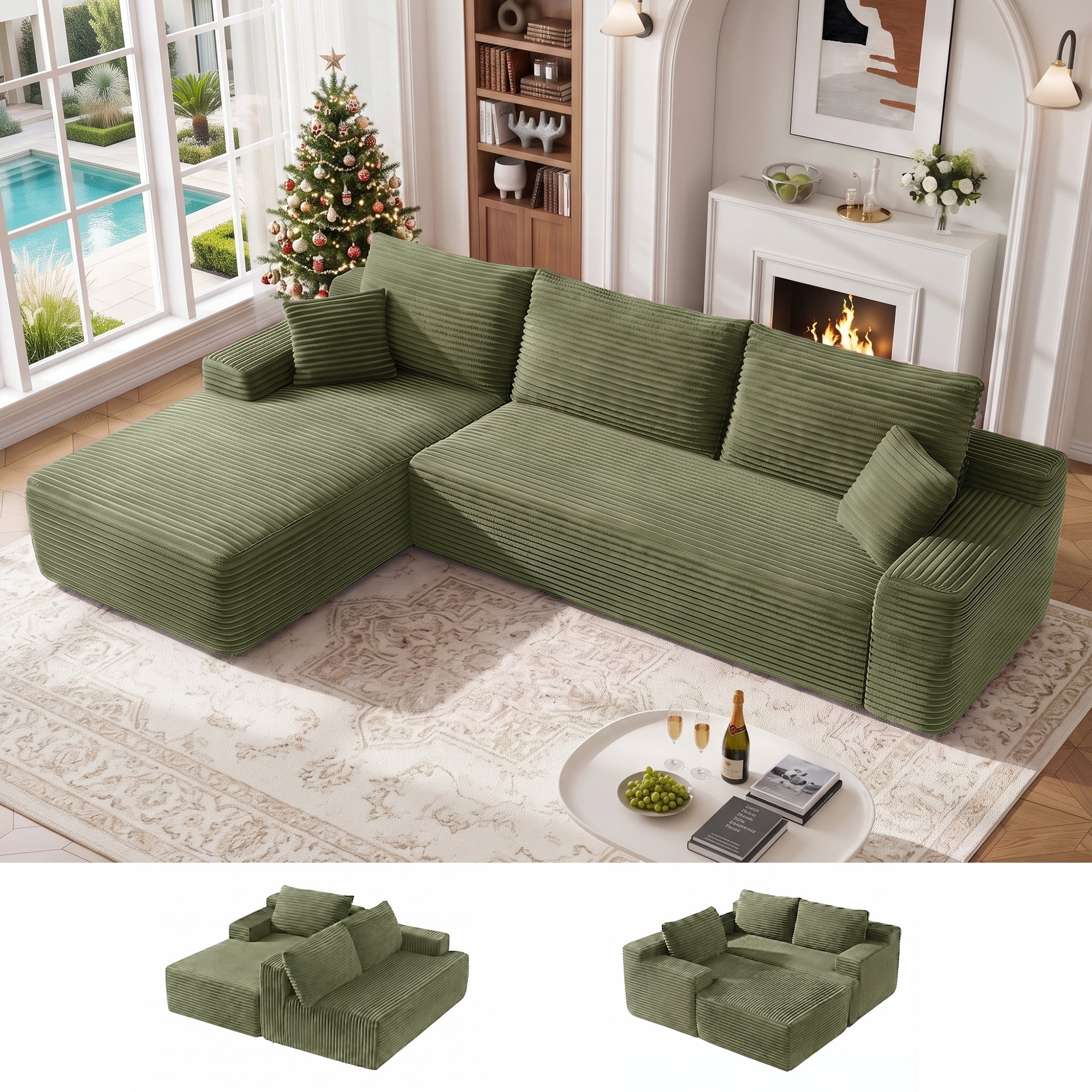 Aukfa 107" Boneless Modular Sectional Sofa, L-Shaped Corduroy Couch with Deep Seat and Left-Facing Chaise for Living Room, Green
