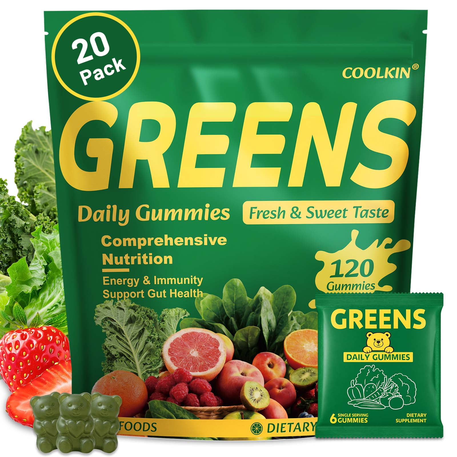Greens Daily Gummies - Super Greens Multivitamin Superfood Gummies - with Spirulina, Chlorella, Adaptogens & Prebiotic Fiber - Digestive Health Support, (20 Count)