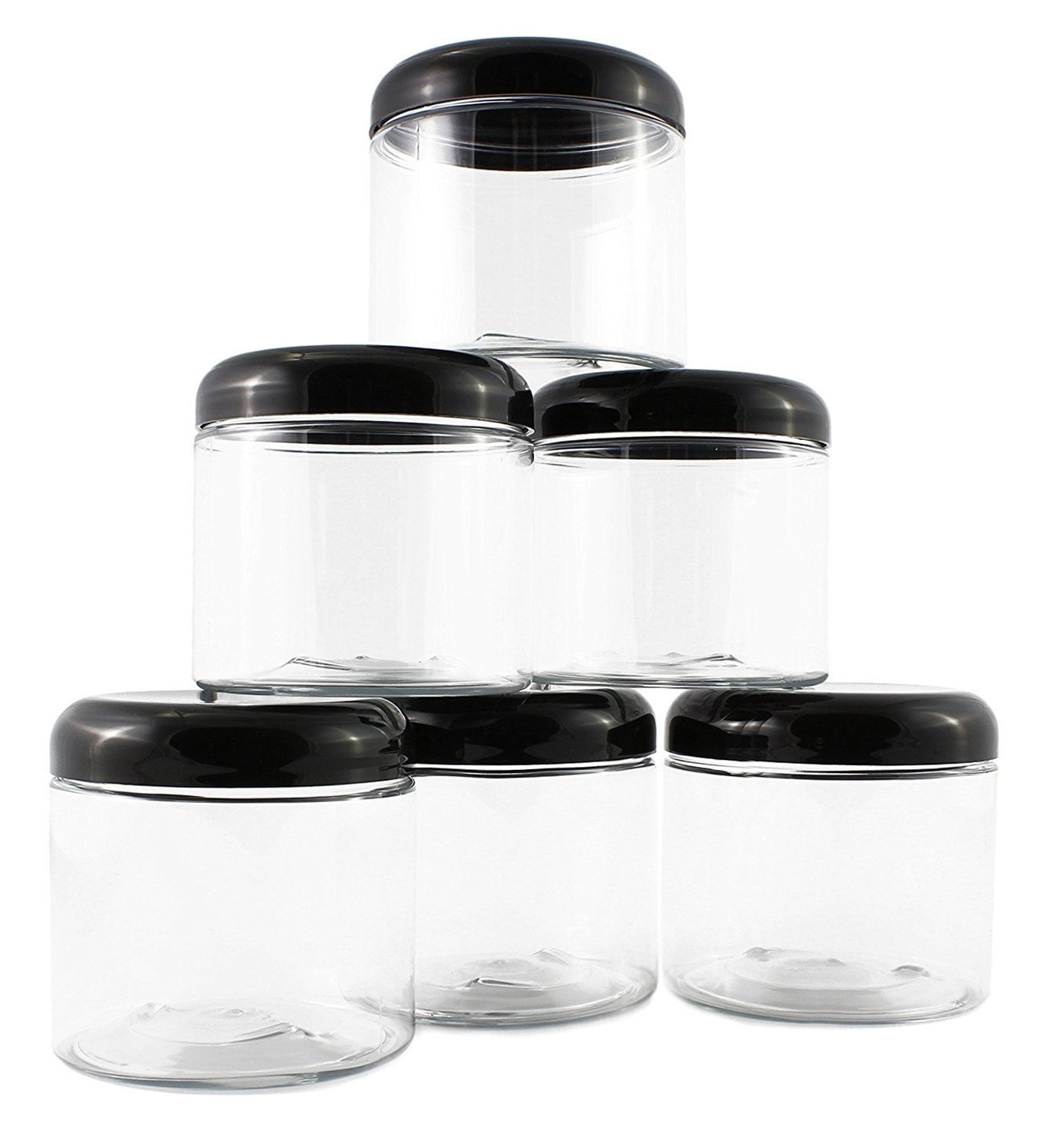 16oz Clear Plastic Jars with Black Plastic Lids (6 pack); BPA Free PET