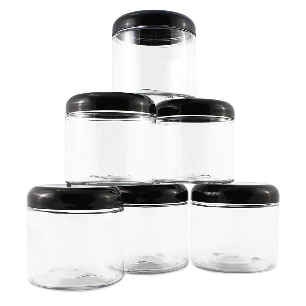 16oz Clear Plastic Jars with Black Plastic Lids (6 pack); BPA Free PET