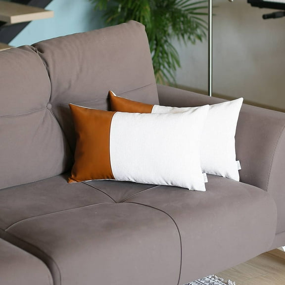 Boho Set of 2 Handcrafted Decorative Throw Pillow Cover Vegan Faux Leather Solid 17" x 17" Brown & Ivory Square for Couch, Bedding