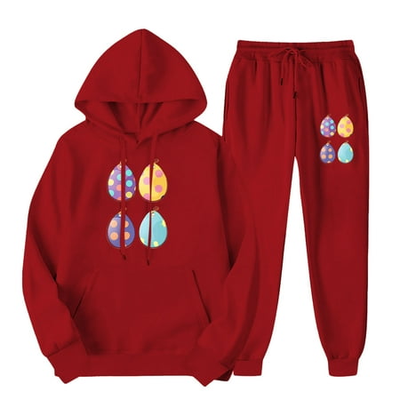 BLTIBY Women s 2 Piece Tracksuit Sweatsuits Sets Hoodie Sweatshirt Long Sleeve and Jogging Sweatpants Suit Easter Printed Drawstring Fashion Outfits with Pockets 2025 Red 3XL