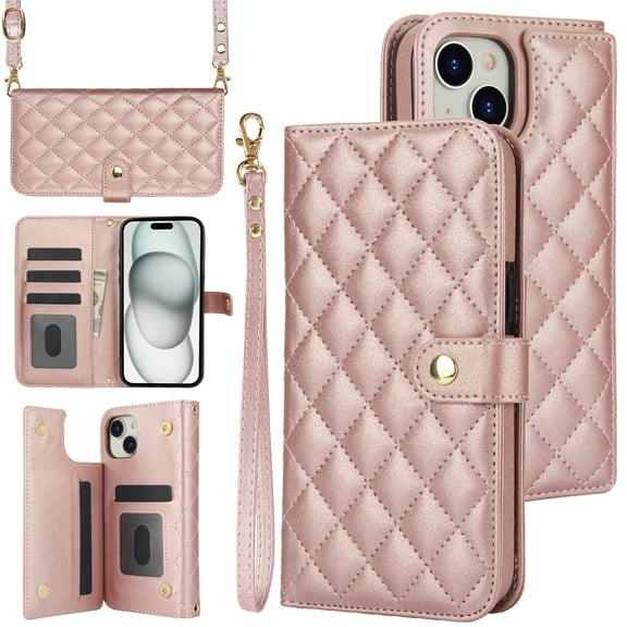 Case Wallet for iPhone 15, [Wristlet & Crossbody Strap] RFID Blocking 5 Card Slots Stand [Shockproof TPU Shell] PU Leather Magnetic Flip Cover Compatible with iPhone 15, Rosegold