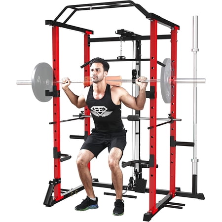MAJOR LUTIE Power Cage, PLM05 1200lbs Capacity Power Rack with LAT Pull Down and Landmine Attachment for Home Gym, Weight Cage with T Bar Dip Bar J-Hook, Other Attachment(Red)