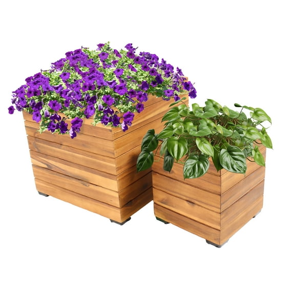 Sunnydaze Assorted Square Light Brown Acacia Wood Planter Box with Liner 2-Count