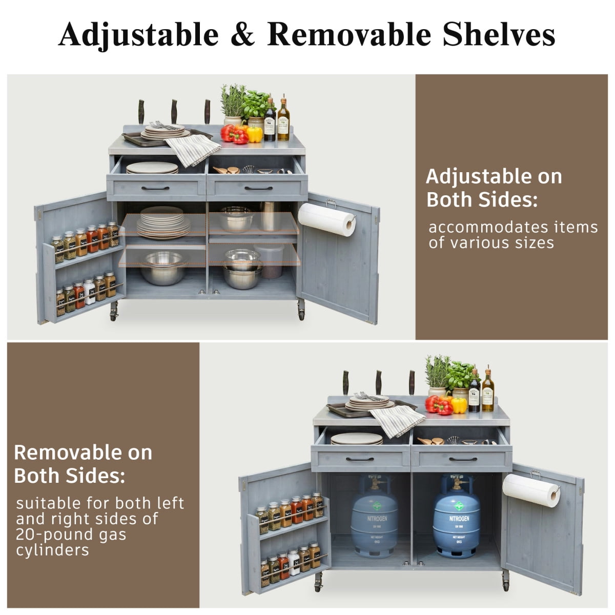 39.4" Outdoor Kitchen Island with Stainless Table Top, Outdoor Storage Kitchen Cabinet with One Large Drawer, Adjustable Shelves, Internal Storage Racks & 4 Wheels for Pizza Prep, Grey Blue