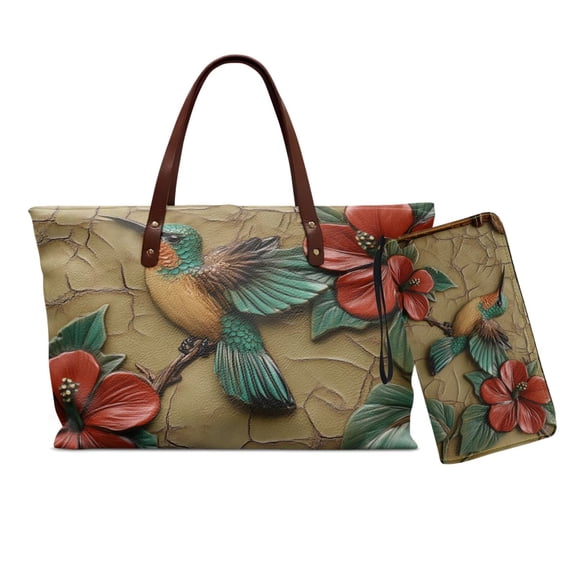 LedBack Womens Handbag and Wallet Set Hummingbird Print Top Handle Shoulder Purse Hibiscus Print Wallet Womens Tote Bag Shoulder Bag Clutch Purse for Ladies, Brown