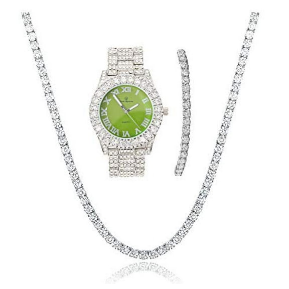 Charles Raymond Women's Big Rocks Colored Dial with Roman Numerals Fully Iced Out Wristwatch and Blinged Out Sparkling Tennis Necklace & Bracelet Jewelry Set - ST10327LA 3pc Set (Silver Lime)