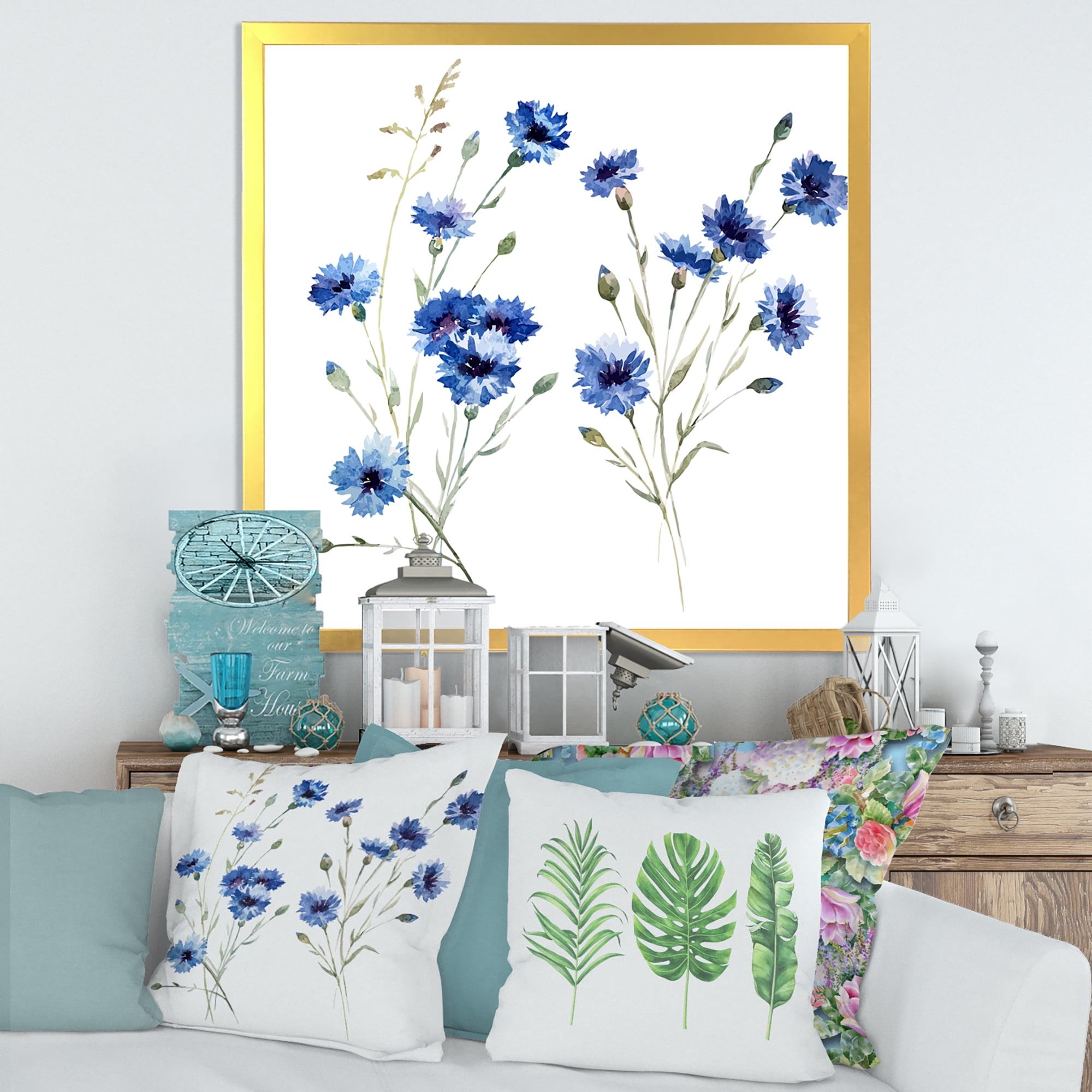 Designart 'Blue Cornflowers With Green Leaves On White III' Traditional Framed Art Print