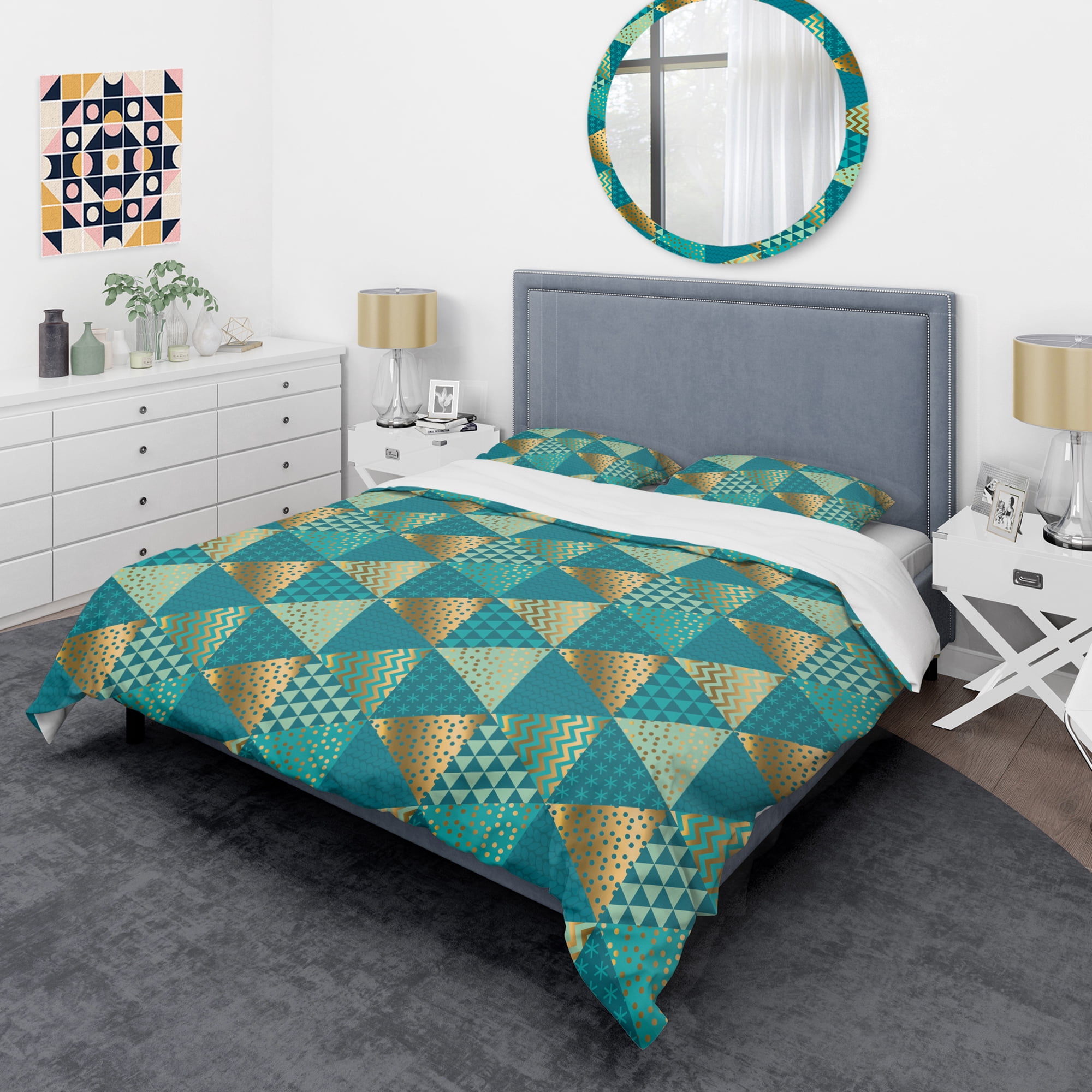 Designart 'Gold and Blue Dynamics I' Mid-Century Modern Duvet Cover Set