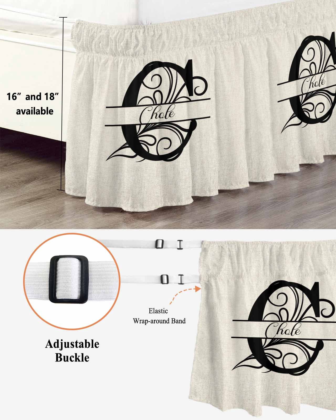 Letter C Bed Skirt Queen Size, Monogram Words Wrap Around Bed Skirting with Adjustable Elastic Strap, Dust Ruffle Pleated Bedskirts 16 Inch Drop for Bedroom Queen Beds