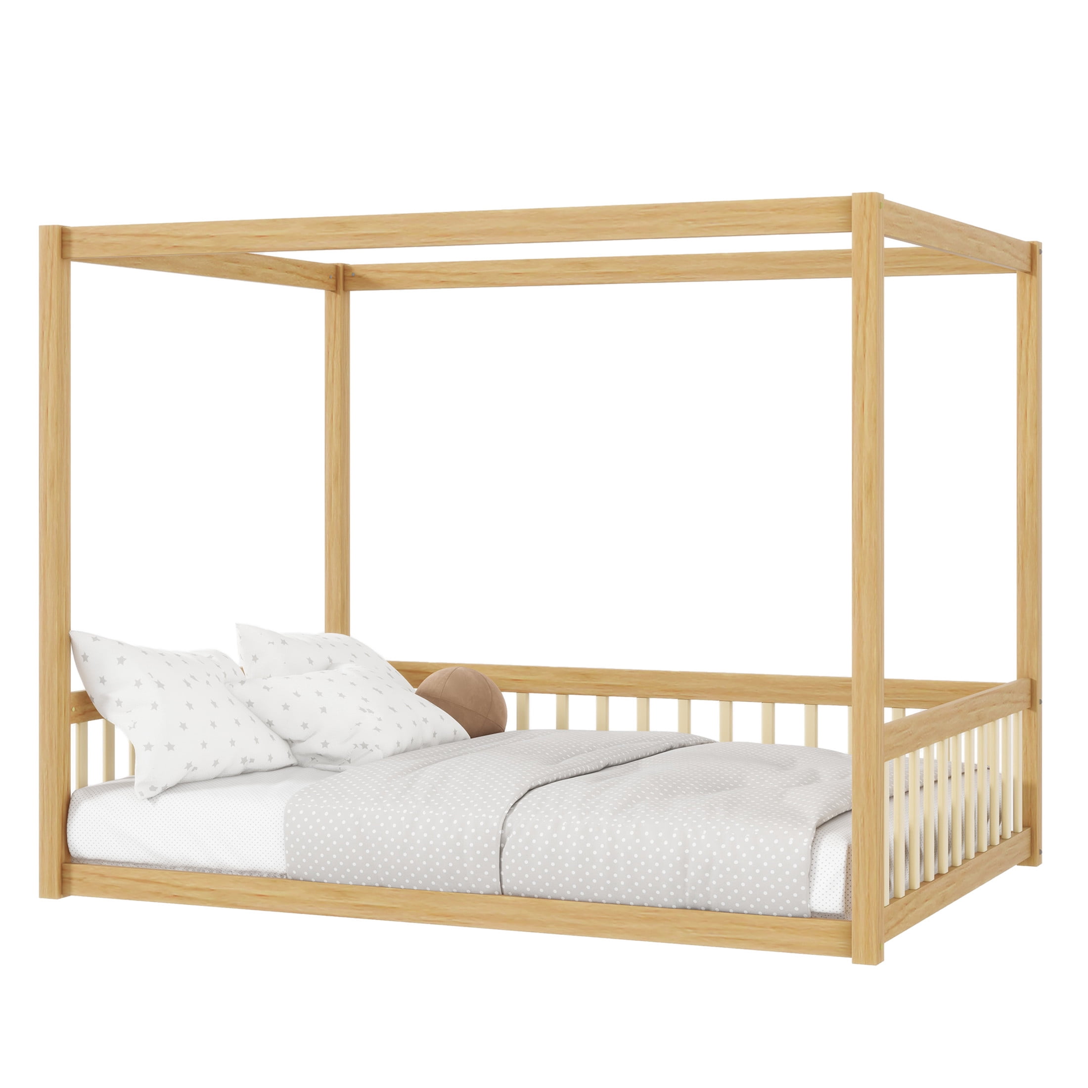 Noble House Dorris Full Canopy Floor Bed with Fence Guardrails, Solid Rubber Wood Montessori Bed, Kid's Room, Natural