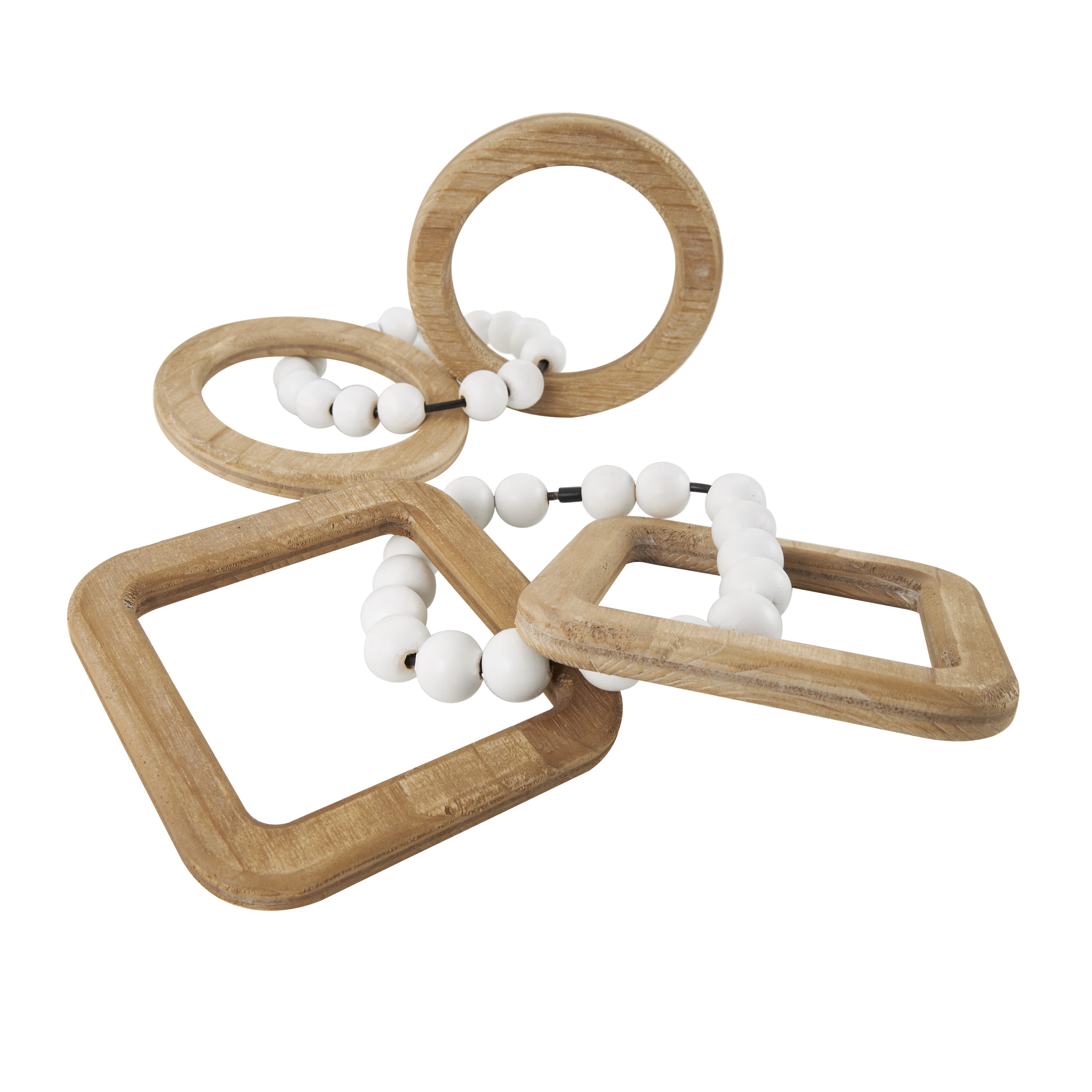 14"W, 2"H Brown Wood Geometric 3 Link Chain Sculpture with White Beaded Accents, by DecMode (2 Count)