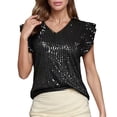 thumbnail image 2 of TARIENDY Womens Sequin Shirts Elegant Ruffled Short Sleeve Party Tops Fashion Sparkly Glitter Shirt Loose Fit V Neck Tunic Tops Black L, 2 of 9