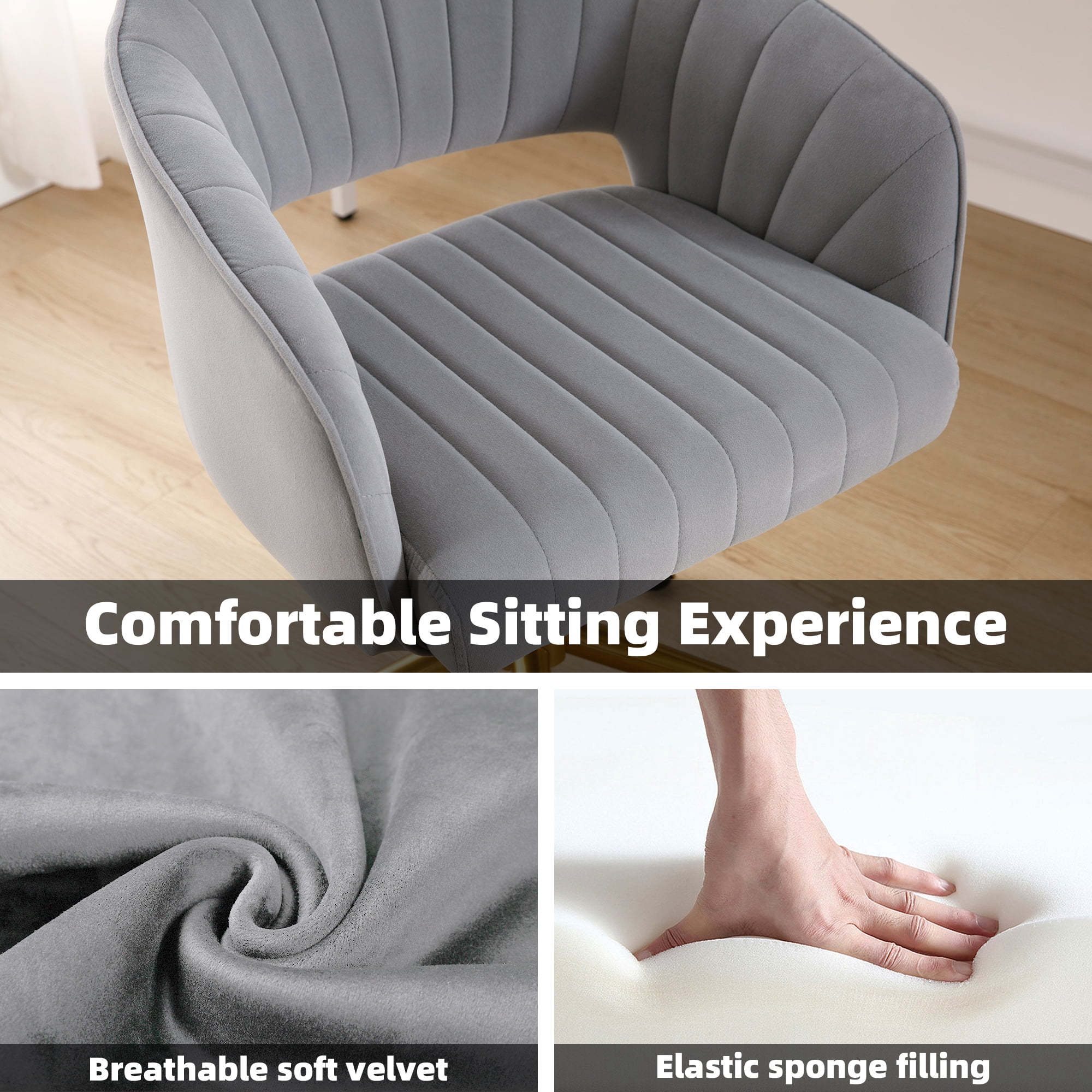Westice Home Office Desk Chairs, Velvet Rolling Chair, Height Adjustable Swivel Vanity Chair, Ergonomic Chair for Study, Living Room Computer Room, Grey