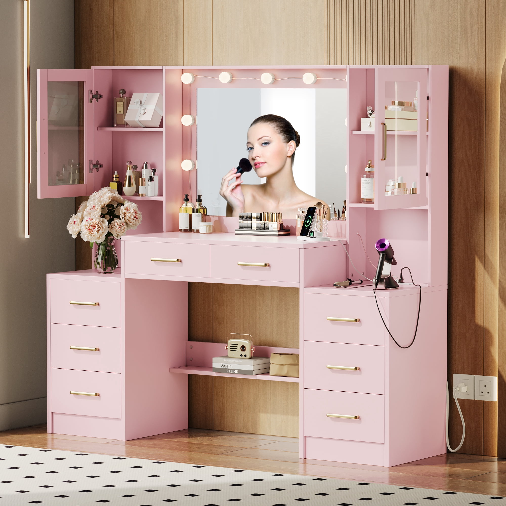 TOKSOM Pink Makeup Vanity Table with Lighted Mirror and Charging Station, Large Vanity Desk with 5 Drawers & Glass Cabinet, Cushioned Stool Set for Bedroom