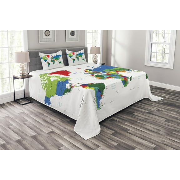 Ambesonne World Map Quilted Bedspread Set 3 Pcs, Colorful Political, Queen Size, Multicolor