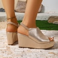 thumbnail image 5 of Rokment Women's Platform Wedge Gladiator Dressy Sandals Fashion Casual Metallic Leather Peep Toe Chunky High Heels Elastic Slingback Summer Shoes for Ladies Gold Size 7, 5 of 8