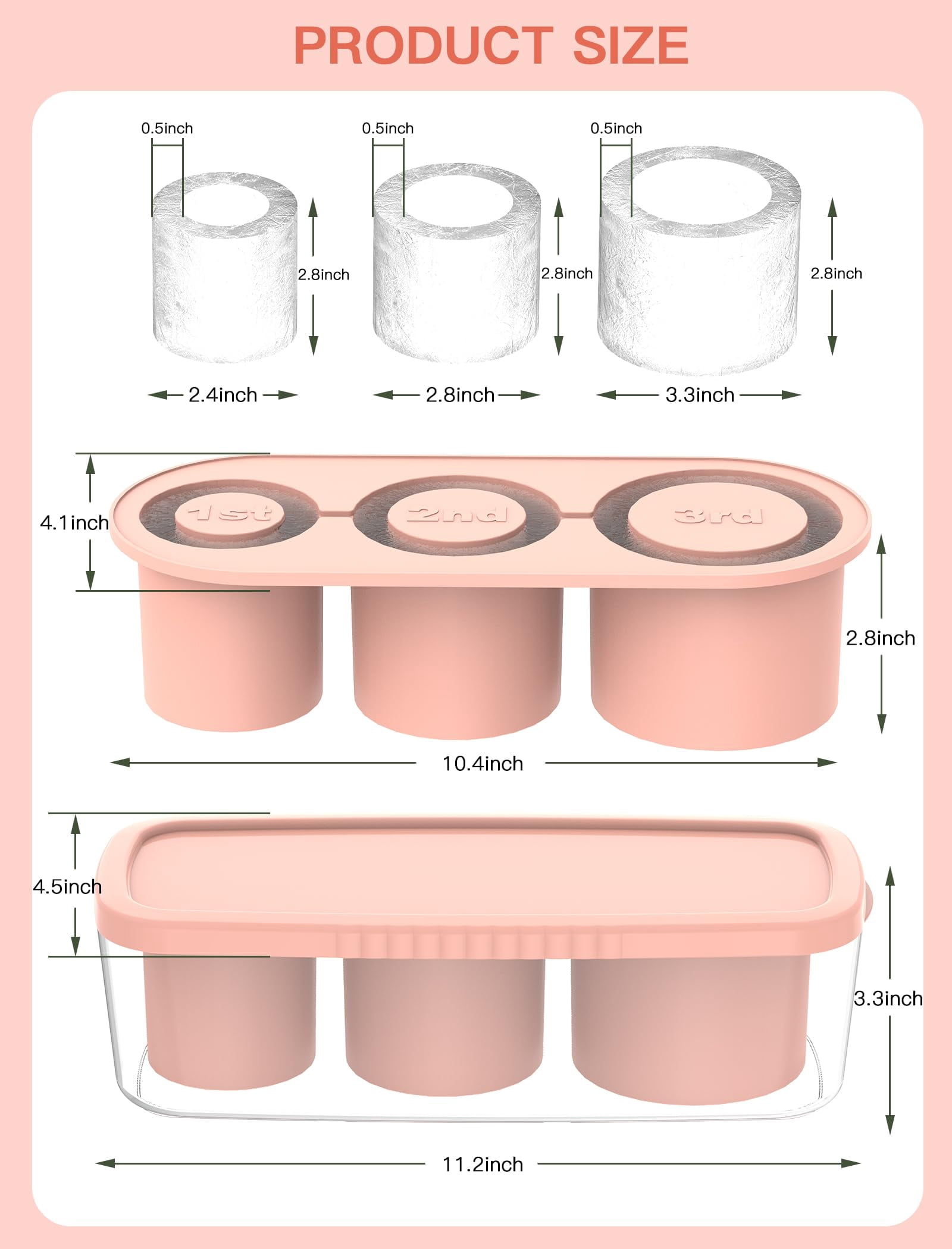 Ice Cube Tray For Tumbler Cup 30oz-40oz  3 Silicone Cylinder Mold With Lid And Bin Freezer Easy Fill Release Maker Cocktail (pink 40oz-type1)