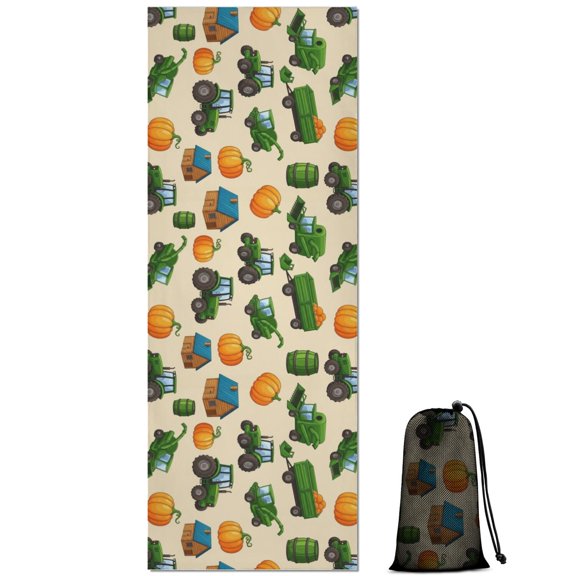 Cartoon Tractors Barns Beige Pattern Hot Yoga Mat Towel Non Slip for Hot Yoga - Quick-Drying Yoga Mat Cover with 4 Corner Pockets with Travel Bag - Hot Yoga Towel Non Slip 70"x26"