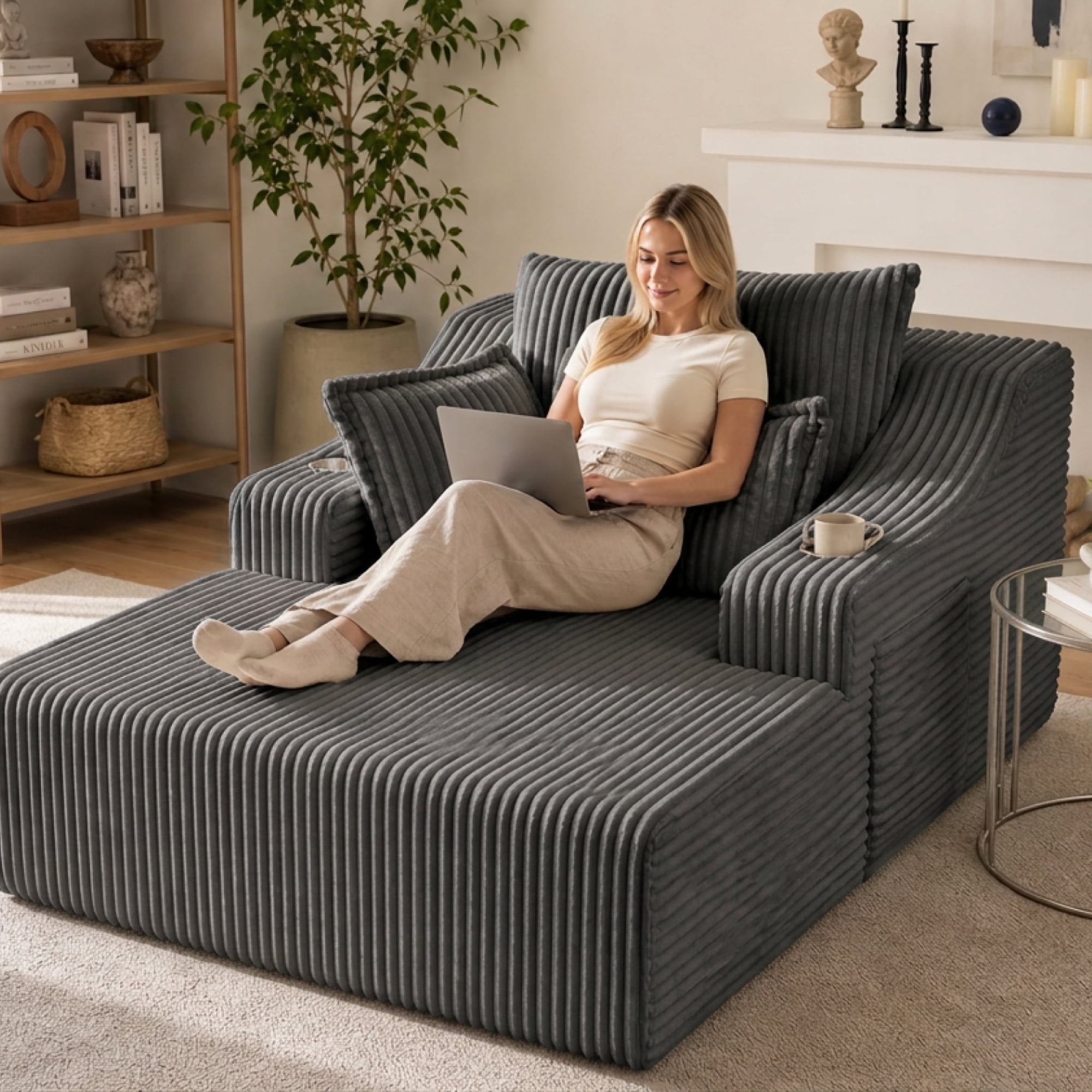 Leumius Oversized Chaise Lounge Chair Indoor,67'' Faux Fur Upholstered Boneless Sofa Bed,Deep Seat Sleeper Cloud Sofa with Cup Holders & 3 Pillows for Living Room, No Assembly Required,Gray
