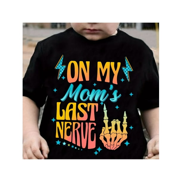 Boys' "On My Mom's Last Nerve" Cotton T-Shirt – Bold Colorful Letter Print, Comfortable Casual Round Neck Short Sleeve Tee for Youngsters, Summer Wear, Tween Boy Clothes