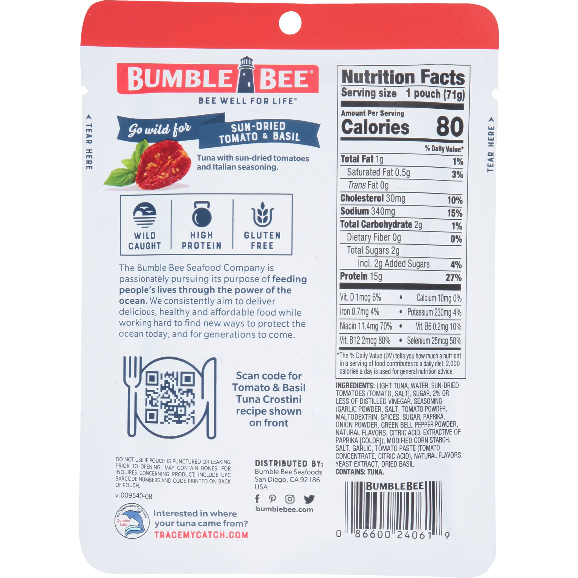 (3 pack) Bumble Bee Sun-Dried Tomato & Basil Seasoned Light Tuna, Wild Caught, Gluten Free, 15g Protein per Serving, Ready to Eat, Shelf Stable Pouch, 2.5 oz