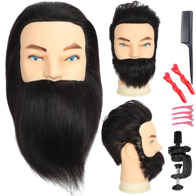 Cabeza de maniquí masculino con barba, 100% cabello humano para cosmetología