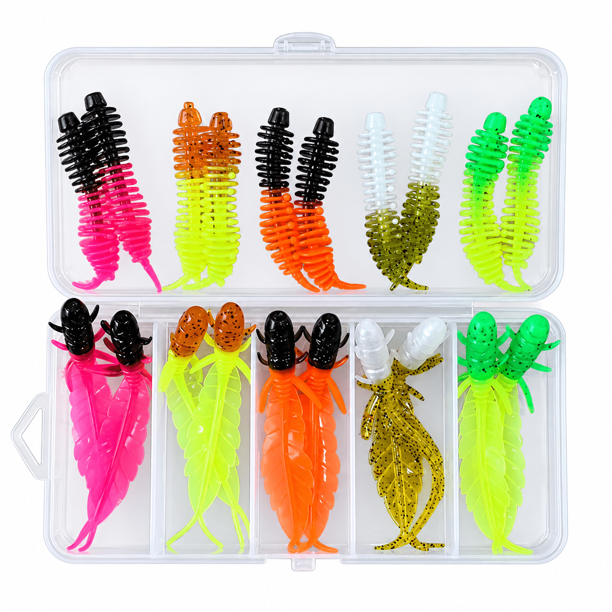 20 Pack Soft Plastic Fishing Lures Assorted Insect and Minnow Baits with Tackle Box