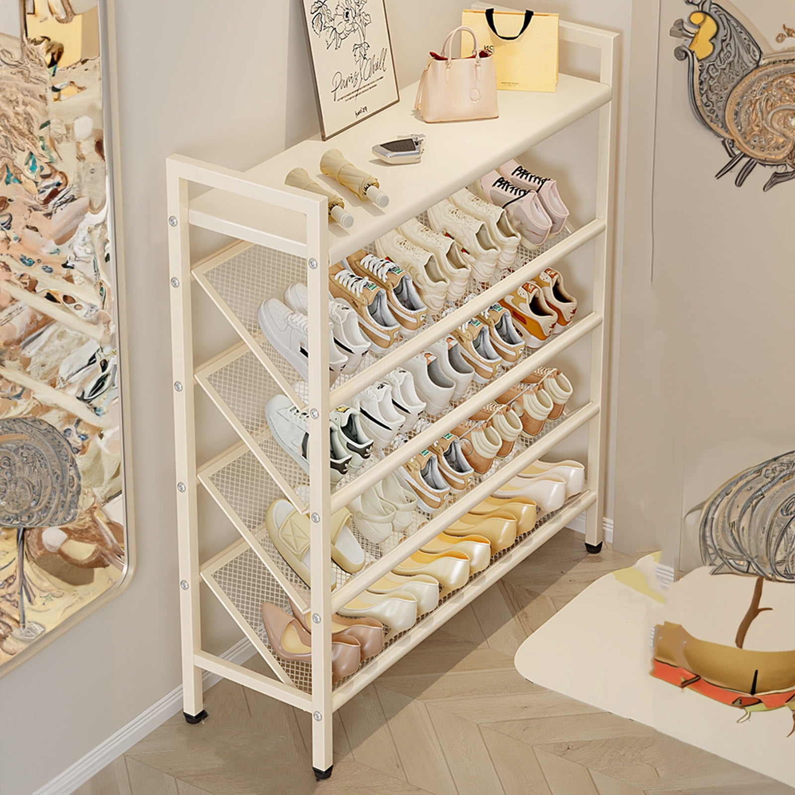 SHegdu Shoe Rack, 5-Tier Slanted Narrow Shoes Storage Shelf Supplies Organization Stand for Entryway, Kitchen, Hallway (White)