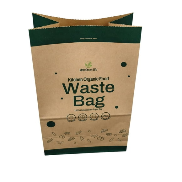 MKR Green Life Compostable Paper Food Waste Bags, Leak-Resistant Kitchen Organics Bags, 32 Bags (7L, 12" x 8" x 5")