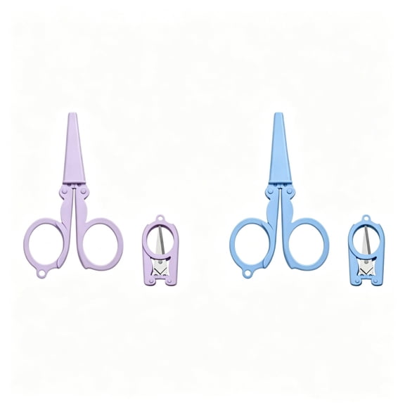 2Pcs Badge Reel Scissors, Mini Folding Scissors Foldable Cutter Stainless Steel Scissors with Safety Cap, Ideal for Crafting, Scrapbooking, Sewing, (Purple,Blue)