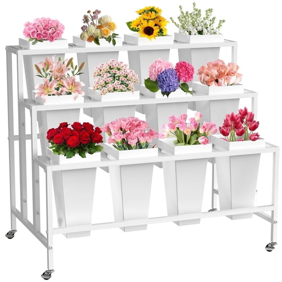 VGMiu Flower Display Stand with 12 Buckets, 3-Layer White Metal Flower Cart with Wheels for Indoor Outdoor Garden Home Florist