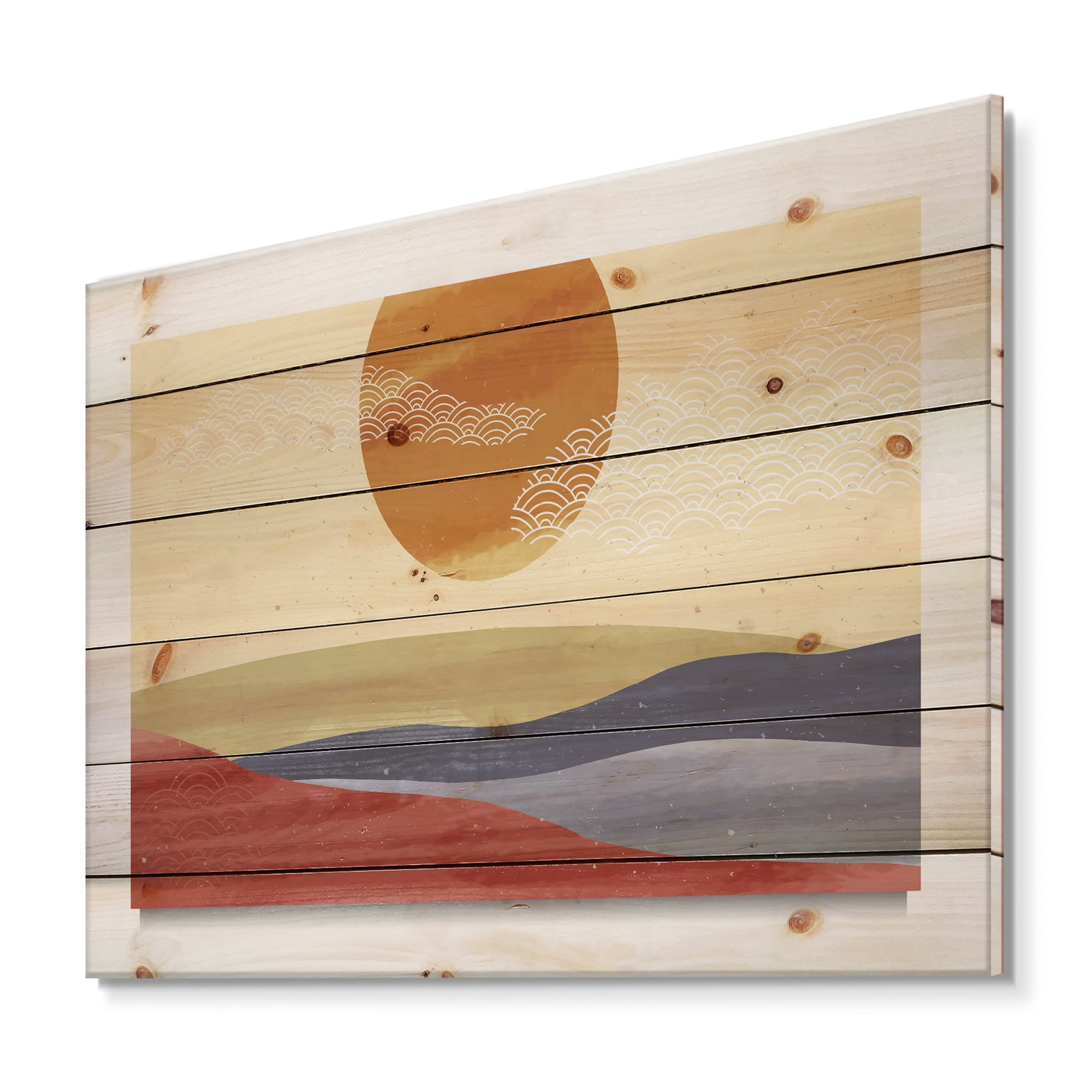 Designart 'Abstract Minimalistis Landscape Mountain & Moon' Modern Print on Natural Pine Wood