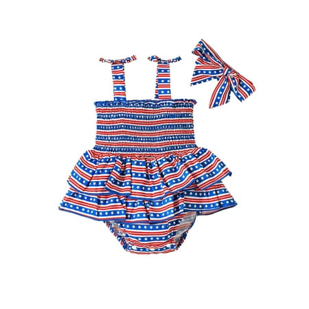 

TheFound 4th of July Toddler Baby Girl American Flag Star Romper Dress with Headband Independence Day Outfits