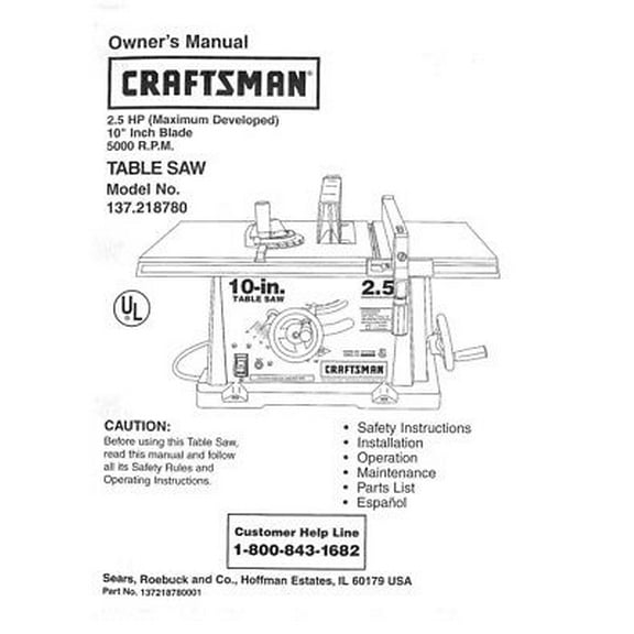 Instruction Manual ONLY for Craftsman 137.218780 Table Saw Owners Instruction Manual REPRINT