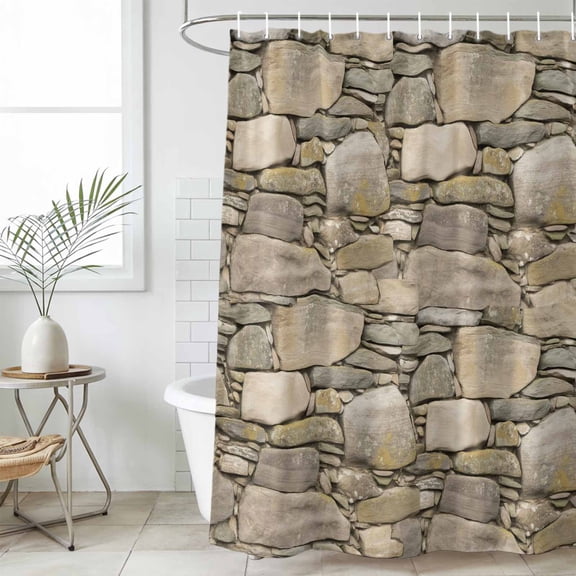 Brown Stone Wall Shower Curtain Set, Waterproof Shower Curtains for Bathroom, Vintage Country Rocks Brick Pattern Washable Fabric Cloth Bath Curtain for Bathtub Decoration with Hooks 72x78 Inches
