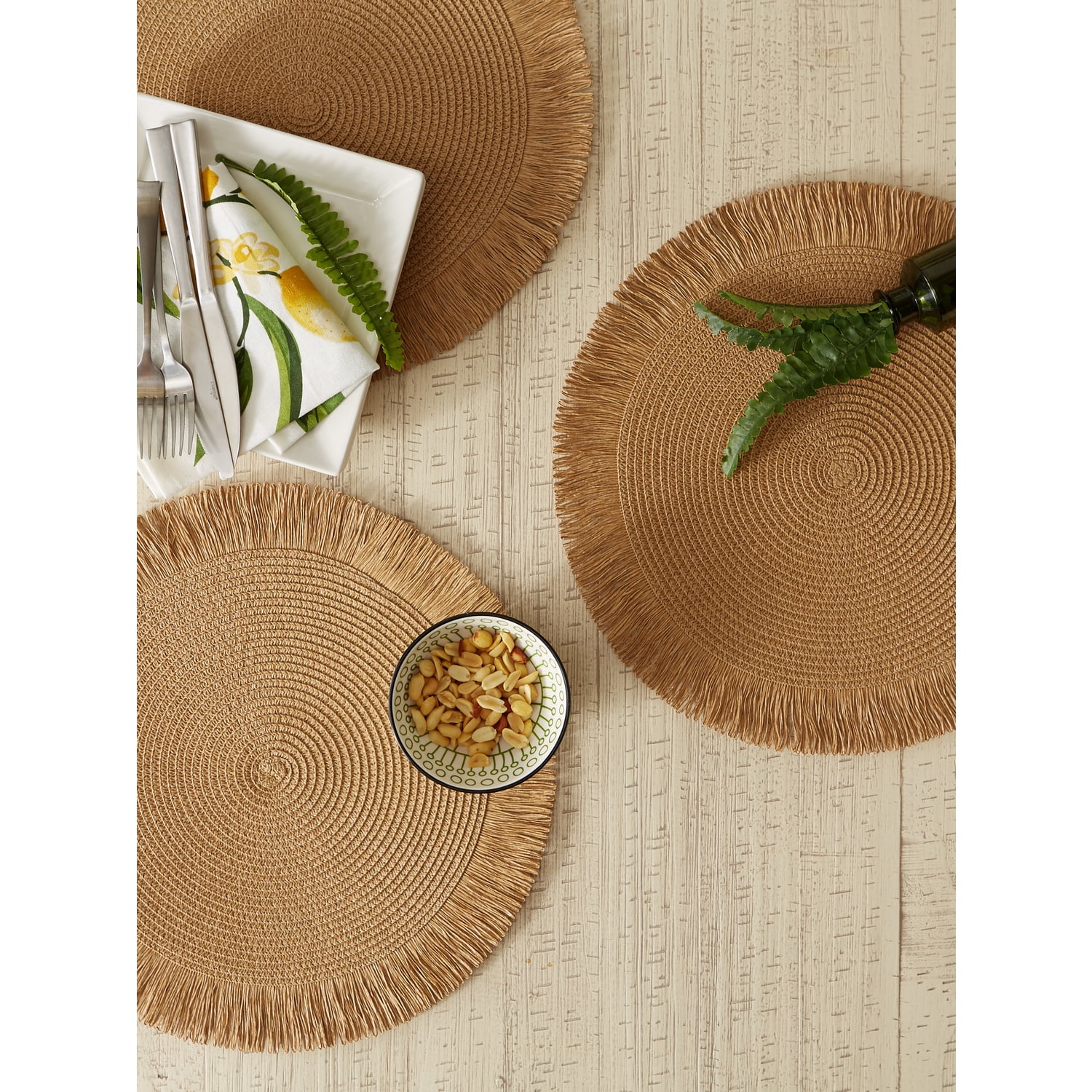 Contemporary Home Living Woven Fringed Round Placemats - 15" - Hazelnut Brown - Set of 6