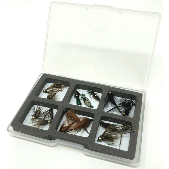 Feeder Creek Fly Fishing Assortment - 18 Flies in 6 Patterns - Nymphs and Wet Flies with Fly Box for Trout, Pass, Panfish