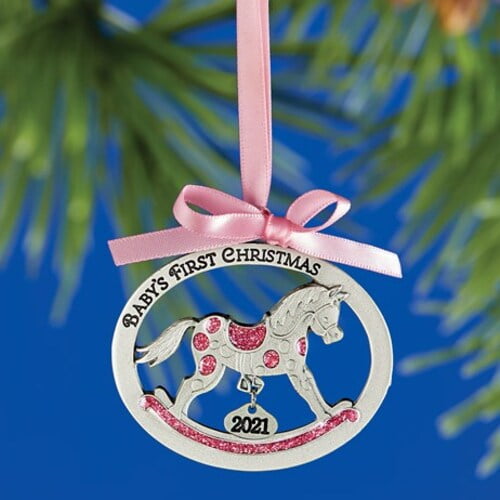 MAKER'S HOLIDAY BABY SHOWER CHRISTMAS BLUE PINK ROCKING HORSE ORNAMENT 