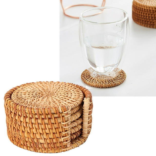 Mantel individual de ratán para tazas, posavasos de ratán de 6 uds, juego de posavasos de taza de té de ratán, posavasos tejidos de ratán, características de vanguardia