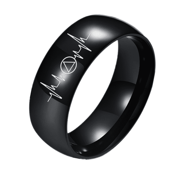 Black Polished AA Triangle Sobriety Symbol Heartbeat Ring, Addiction Recovery Anniversary Plain Band, Inspirational Soberness Recoverying Jewelry Gifts for Men Women in Sober, Size 12