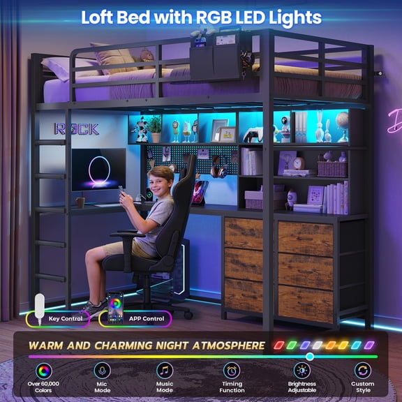 Metal Loft Bed Twin Size with Desk, 6 Storage Drawers and Bookshelf, Loft Twin Bed Frame with USB Charging Station, LED Lights, Storage Shelf, Full-Length Guardrail & Ladder, Black