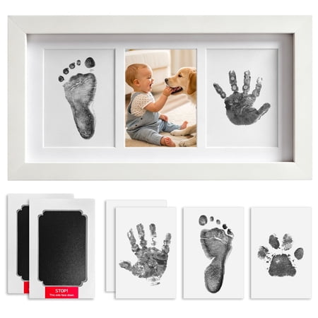 Baby Footprint Kit, BUSATIA Inkless Hand and Footprint Kit, with 2 Safe Clean-Touch Ink Pads and a Wooden Baby Picture Frame Gifts for New Parents, Unique Baby Shower Gift for Boys and Girls(White)