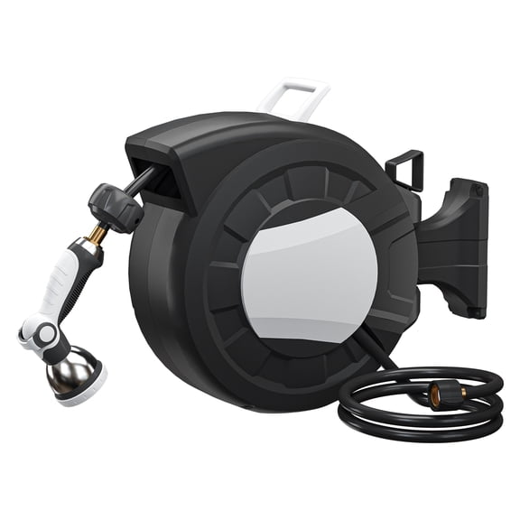 100 FT 6FT X 1/2" Retractable Garden Hose Reel Decorative Outdoor Garden Hose Reels - Automatic Self Retract Wall Mount Hose Reel Enclosed Storage, Any Length Lock, 10 Pattern Nozzle Black