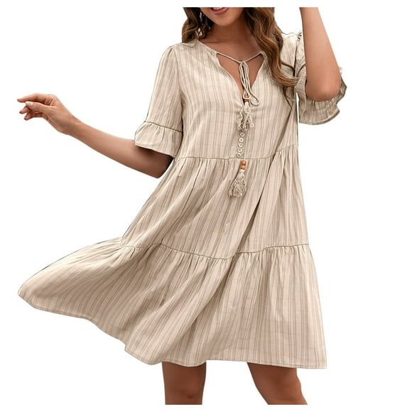 TSADFHJI Long Skirts for Women Formal Women Summer Dresses Short Sleeve V Neck Casual Loose Flowy Swing Shift Dresses S Beige